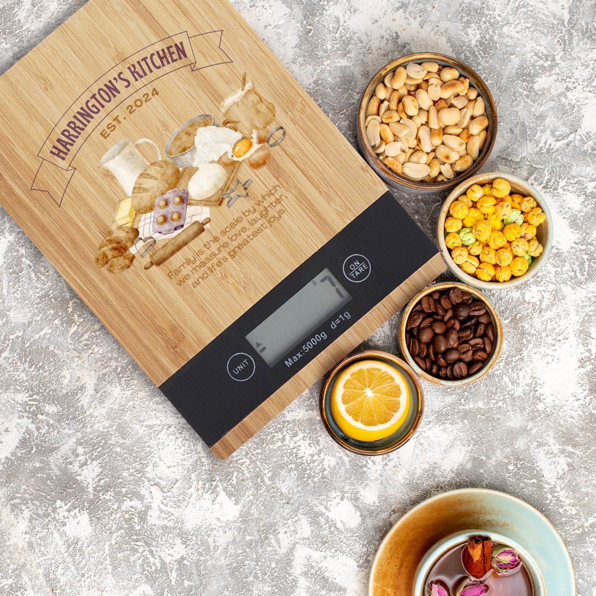 Personalised Bamboo Kitchen Scale, Custom UV Printed Digital Electronic Weighing, Mother&#39;s Day, Corporate Housewarming, Chef Kitchenware Gift