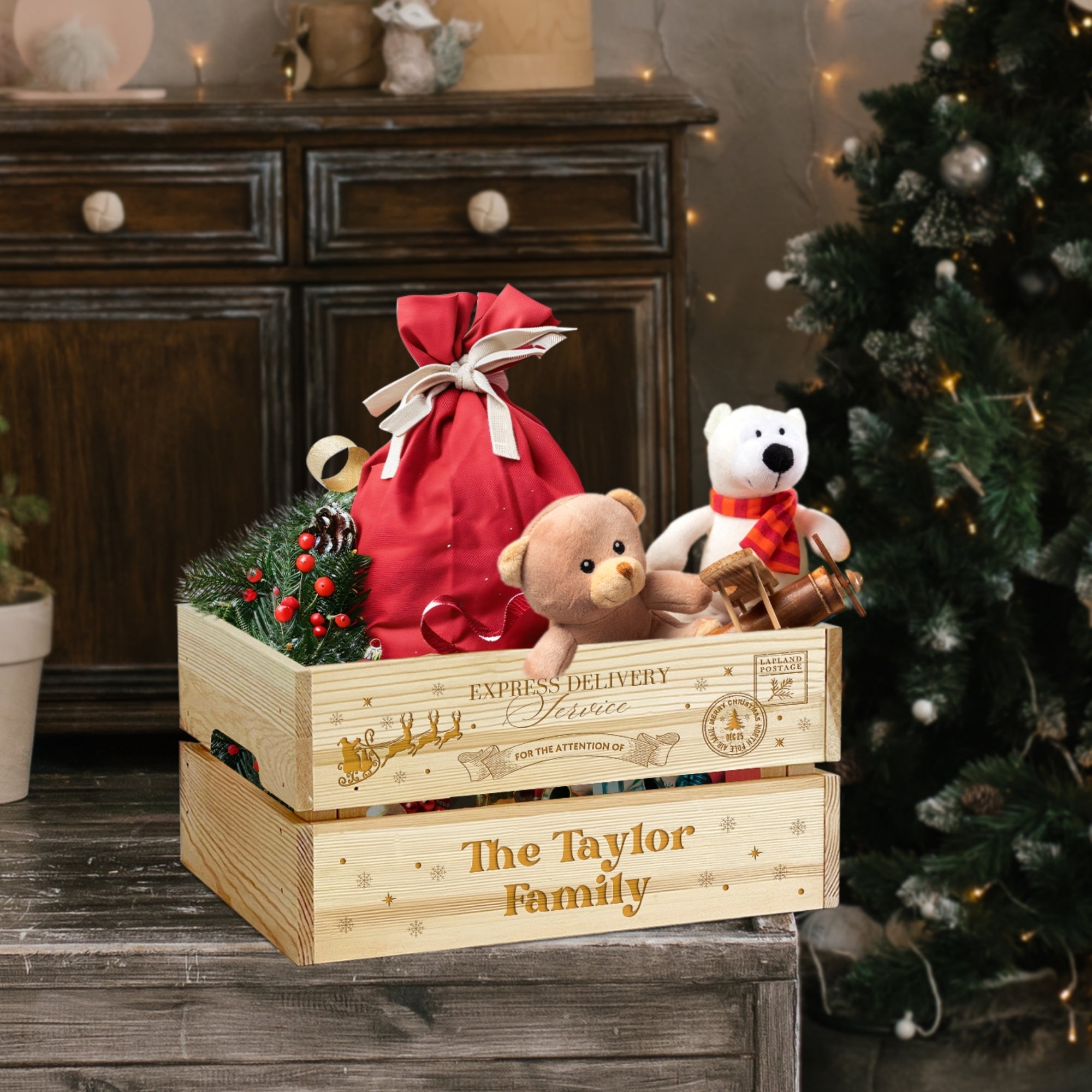 Personalised Christmas Eve Wood Crate, Customise Santa Delivery Kid Toy Box Decor First Xmas Present Family Tradition Corporate Gift Storage