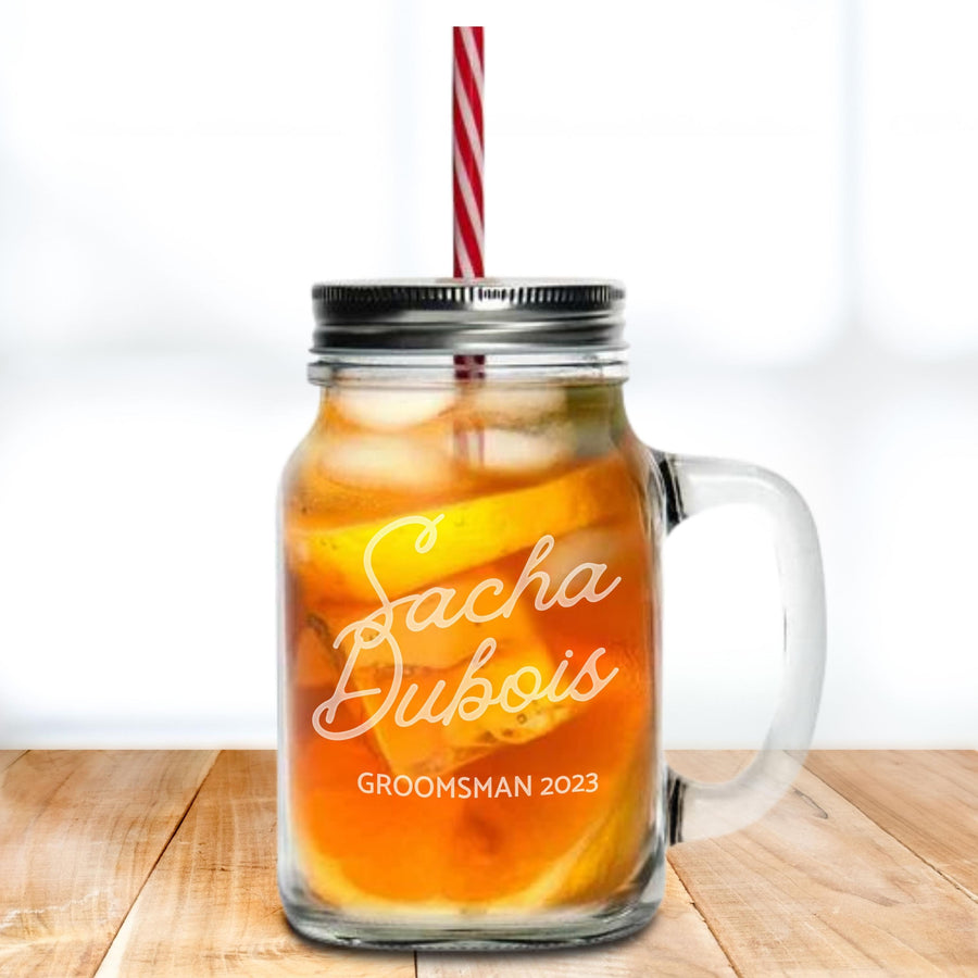 Personalised 620ml Jam Jar Glass, Lid & Straw, Custom Logo Engraved Beverage Cup, Soft Drink Mug, Bridesmaid/ Groomsmen Gift, Wedding Favour