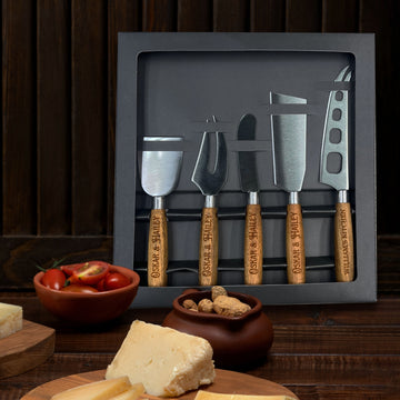 Personalised Fines Food Wooden Cheese Knife Set 5 Pieces, Custom Engraved Serving Charcuterie Spreader, Birthday Corporate Housewarming Gift