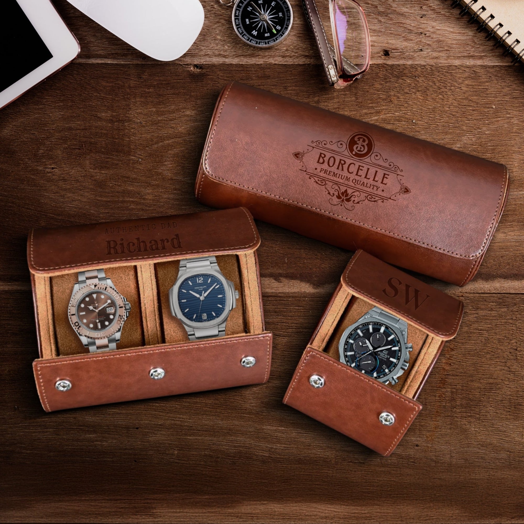 Personalised Tan Leatherette Watch Case Box, Custom Engraved Travel Watches Roll Slot Display Storage, Groomsman Dad Mom Birthday Xmas Gift 