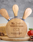 Personalised 4 Piece Wooden Cheese Knife Block Set, Engraved Rubber Wood Charcuterie Platter, Serving Kitchen Decor, Wedding, Anniversary, Corporate, Housewarming Gift