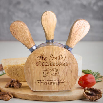 Personalised 4 Piece Wooden Cheese Knife Block Set, Engraved Rubber Wood Charcuterie Platter, Serving Kitchen Decor, Wedding, Anniversary, Corporate, Housewarming Gift
