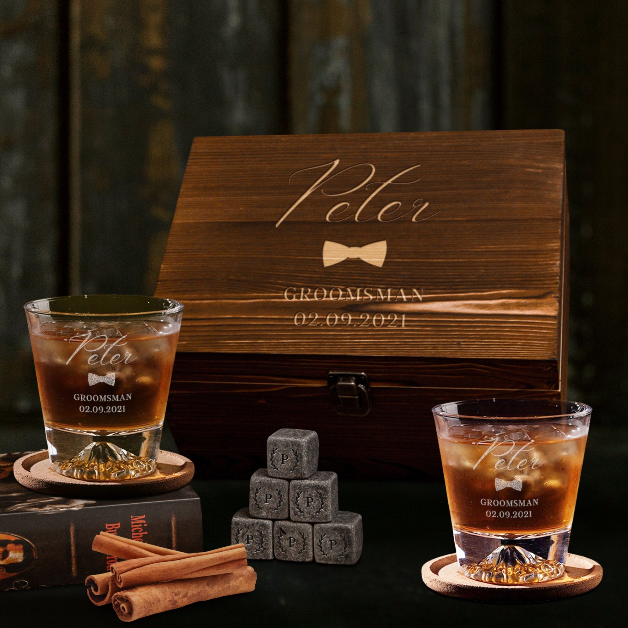 Custom Engraved Whiskey Wooden Box - 2 Mountain Scotch Glasses &amp; 6 Rock Ice Stones, Personalised Barware Set, Groomsman Father Birthday Gift