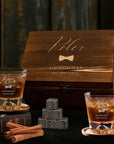 Custom Engraved Whiskey Wooden Box - 2 Mountain Scotch Glasses & 6 Rock Ice Stones, Personalised Barware Set, Groomsman Father Birthday Gift