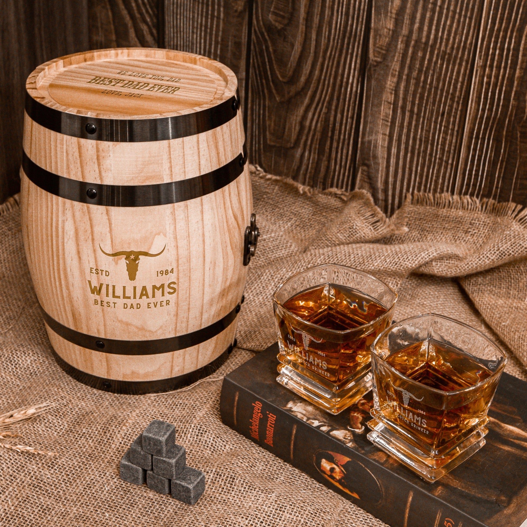 Personalised Wooden Barrel Whiskey Box, 2 Prism Glasses, 6 Ice Stones | Custom Engraved Barware Set, Dad, Groomsmen, Retirement, Xmas Gift 