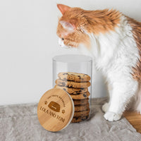 Personalised Wooden Lid Glass Pet Jar, Custom Engraved Treat, Cat's Food, Snack Canister, Jerky, Mussel, Dog Chew Storage, Housewarming Gift