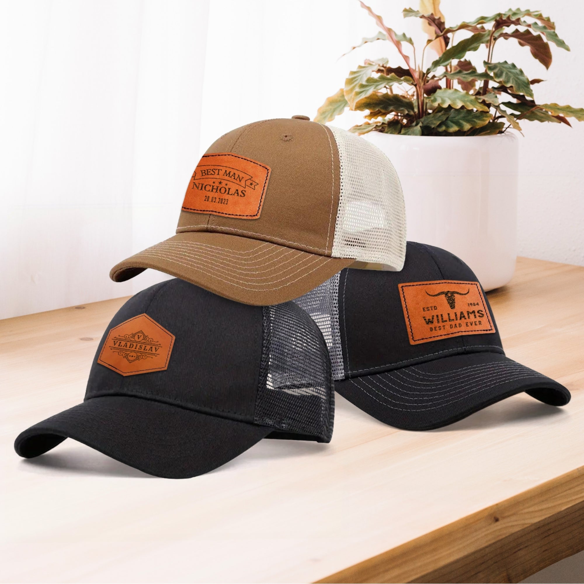 Custom Engraved Leatherette Patch Trucker Hat, Personalised Unisex Adjustable Cap, Sun Protection Sport Snapback Groomsman Dad Birthday Gift