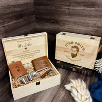Personalised Wood Corkscrew, Leather Tan Wallet, Hip Flask Set in Custom Engraved Wooden Box, Best Man, Dad, Groomsman Proposal Wedding Gift