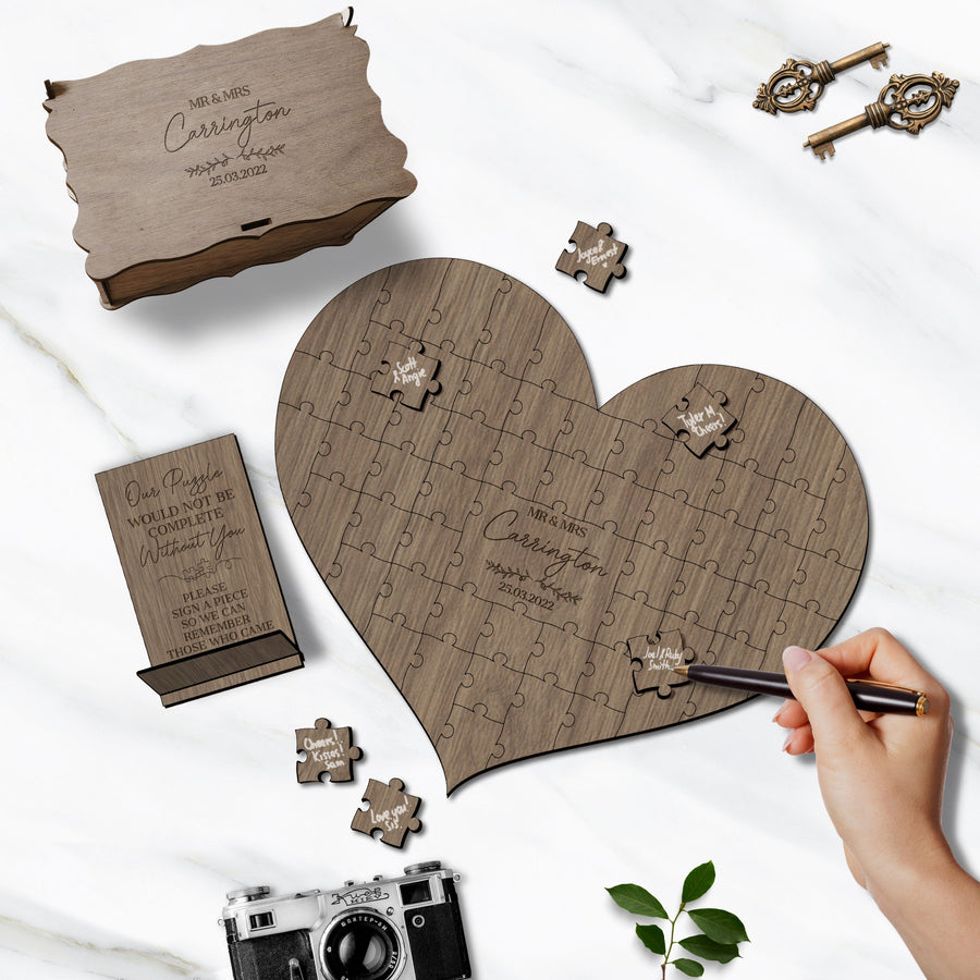 Custom Heart Shape Plywood Puzzle Wedding/ Birthday/ Anniversary Guestbook Set Alternative, Rustic Personalised Name Jigsaw Stationery Decor