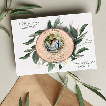 Personalised UV Print Wood Slice Save The Date Fridge Magnet & Invitation Card, Kraft Envelope, Customised Rustic Wreath Wedding Stationery