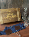 Personalised Wooden Crate Whiskey Gift Box, Twisted Whisky Decanter, 2 Glasses, 6 Ice Stones, 2 Coasters, Tongs, Custom Engraved Barware Set