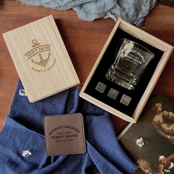 Personalised Wooden Whiskey Gift Box, Prism Bold Cut Glass, Ice Stones, Coaster, Custom Engraved Barware Set, Groomsman, Dad, Corporate Gift
