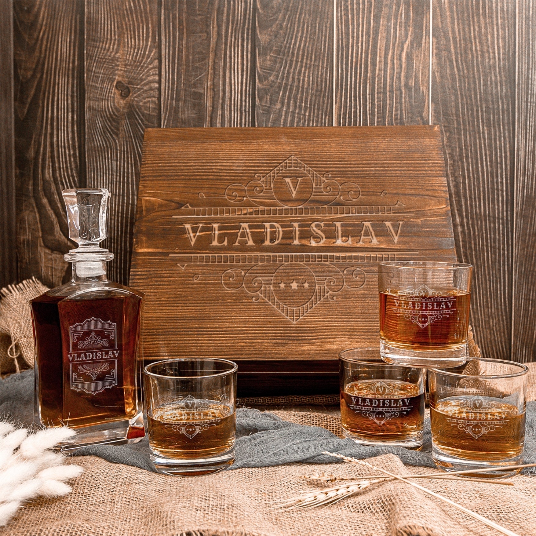 Custom Engraved Whiskey Decanter Set, 4  Glasses &amp; Wooden Box, Personalised Logo Barware, Father, Birthday, Groomsmen Wedding Corporate Gift
