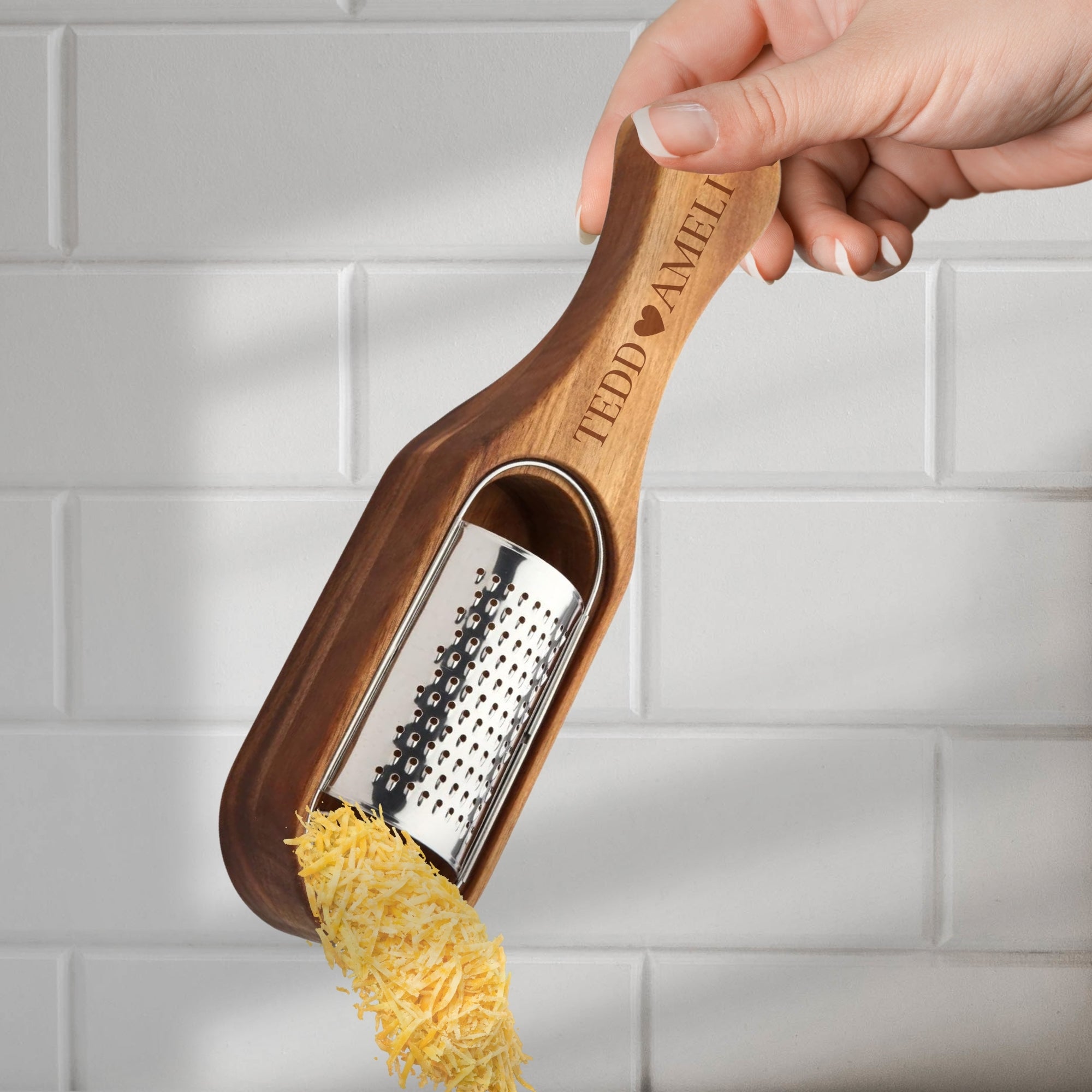 Personalised Wooden Stainless Cheese Grater &amp; Holder, Custom Engraved Shredder Box, Cheese Spoon Zester, Kitchen Utensils, Housewarming Gift