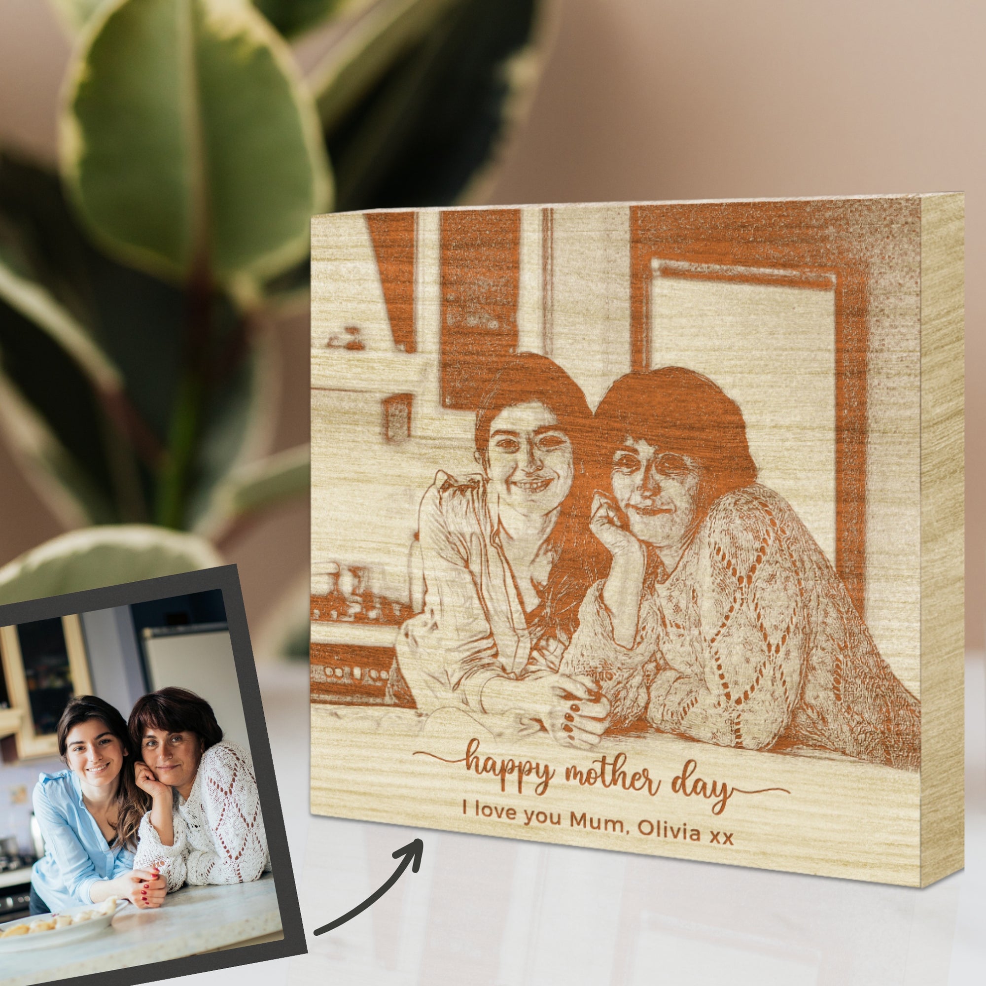 Personalised Wooden Sketch Photo Block, Custom Engraved Freestanding Table Square Display Memory, Image Gallery Wall Decor Housewarming Gift