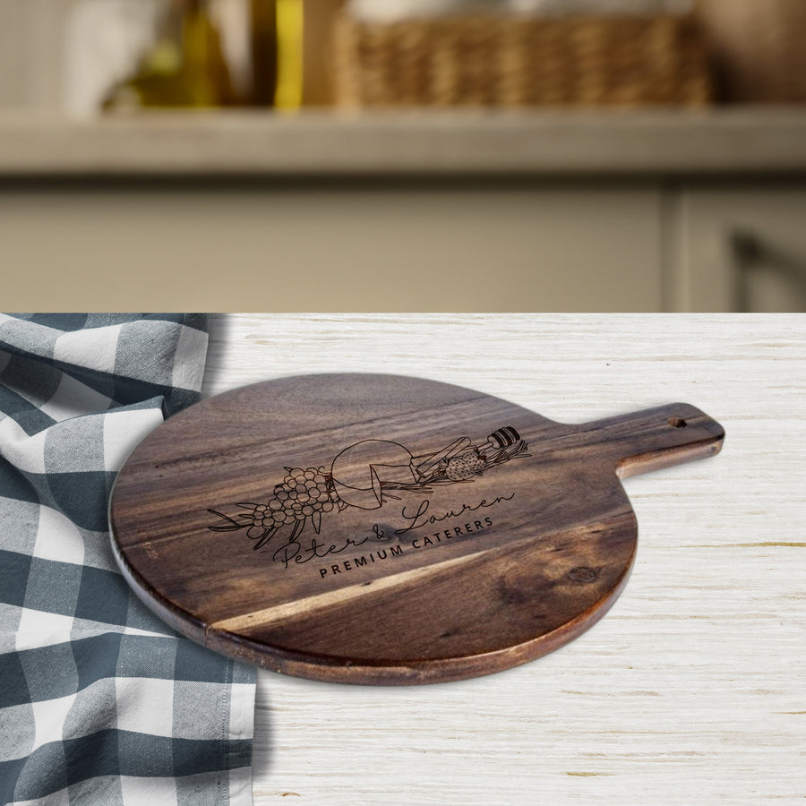 Personalised Acacia Wooden Round Cheese Serving Board, Customised Handle Tray/ Cutting Paddle, Chopping Board, Engraved Charcuterie Platter, Housewarming, Corporate Gift