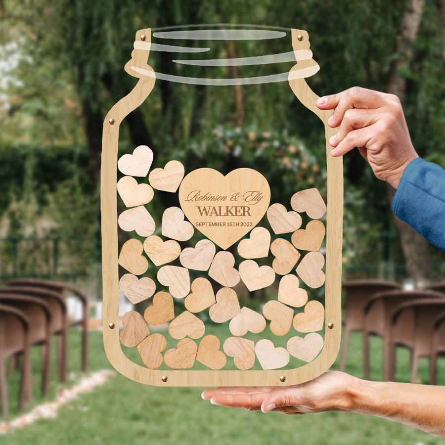 Custom Made Laser Cut Plywood & Acrylic Jar Shape Wedding Heart Drop Box, Rustic Personalised Guest Book Alternative, Stationery Table Decor