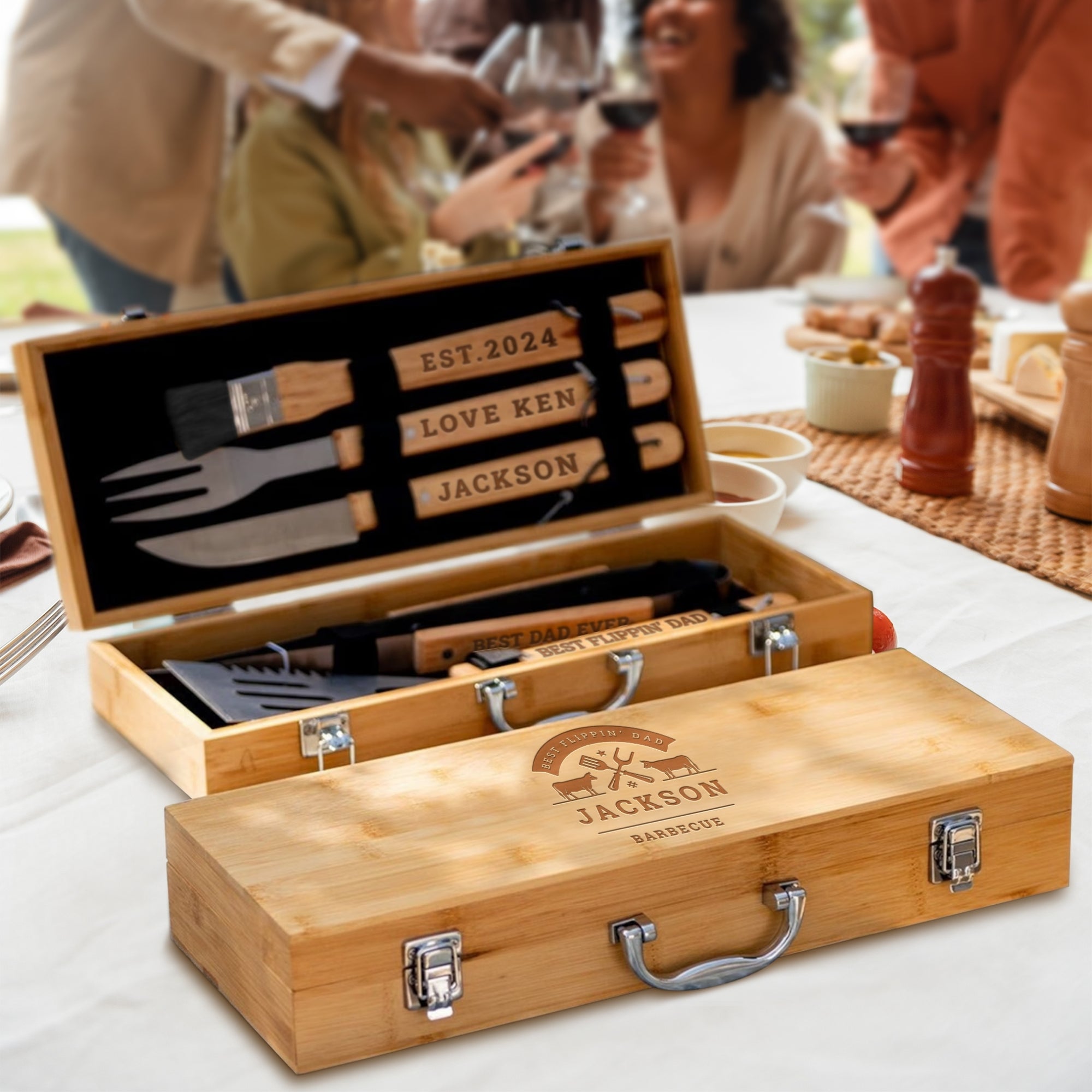 Personalised Bamboo BBQ Tools &amp; Box Set, Custom Engraved Barbecue Utensils Case, Grill Master, Groomsman, Dad, Housewarming, Corporate Gift