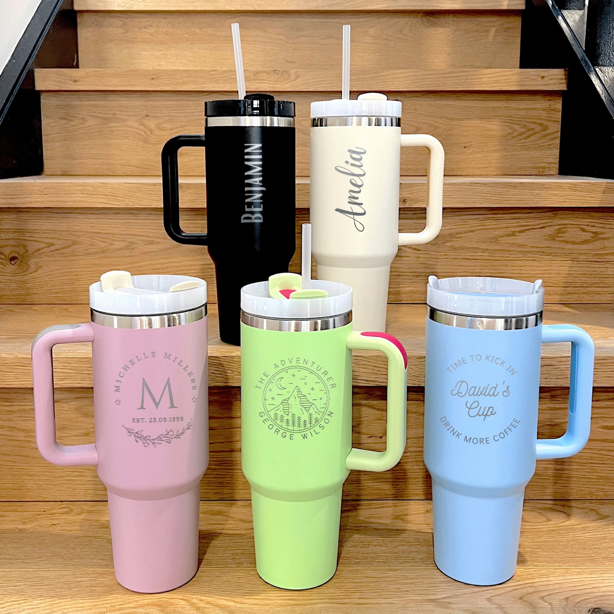 Personalised 1.2L Stainless Steel Insulated Handle Tumbler Lid & Straw, Custom Engraved Logo Travel Thermal Hot Cold Car Cup, Corporate Gift