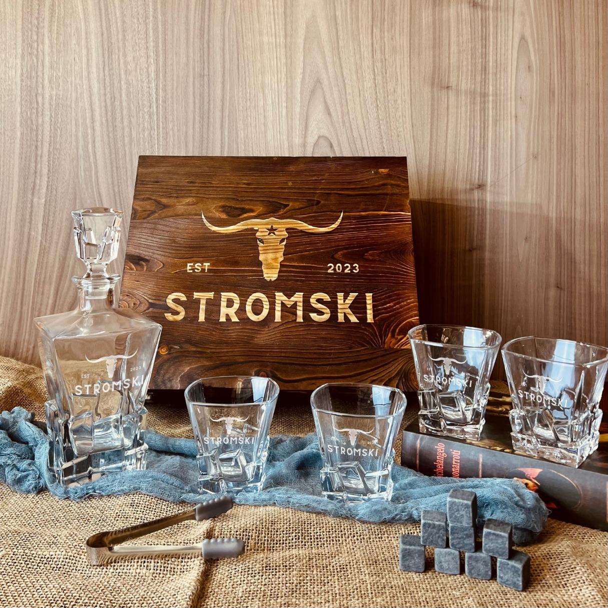 Personalised Wooden Boxed Whiskey Decanter Set, 4 Scotch Glasses, 6 Ice Stones &amp; Tongs | Custom Engraved Groomsmen, Wedding, Whisky Bar Gift