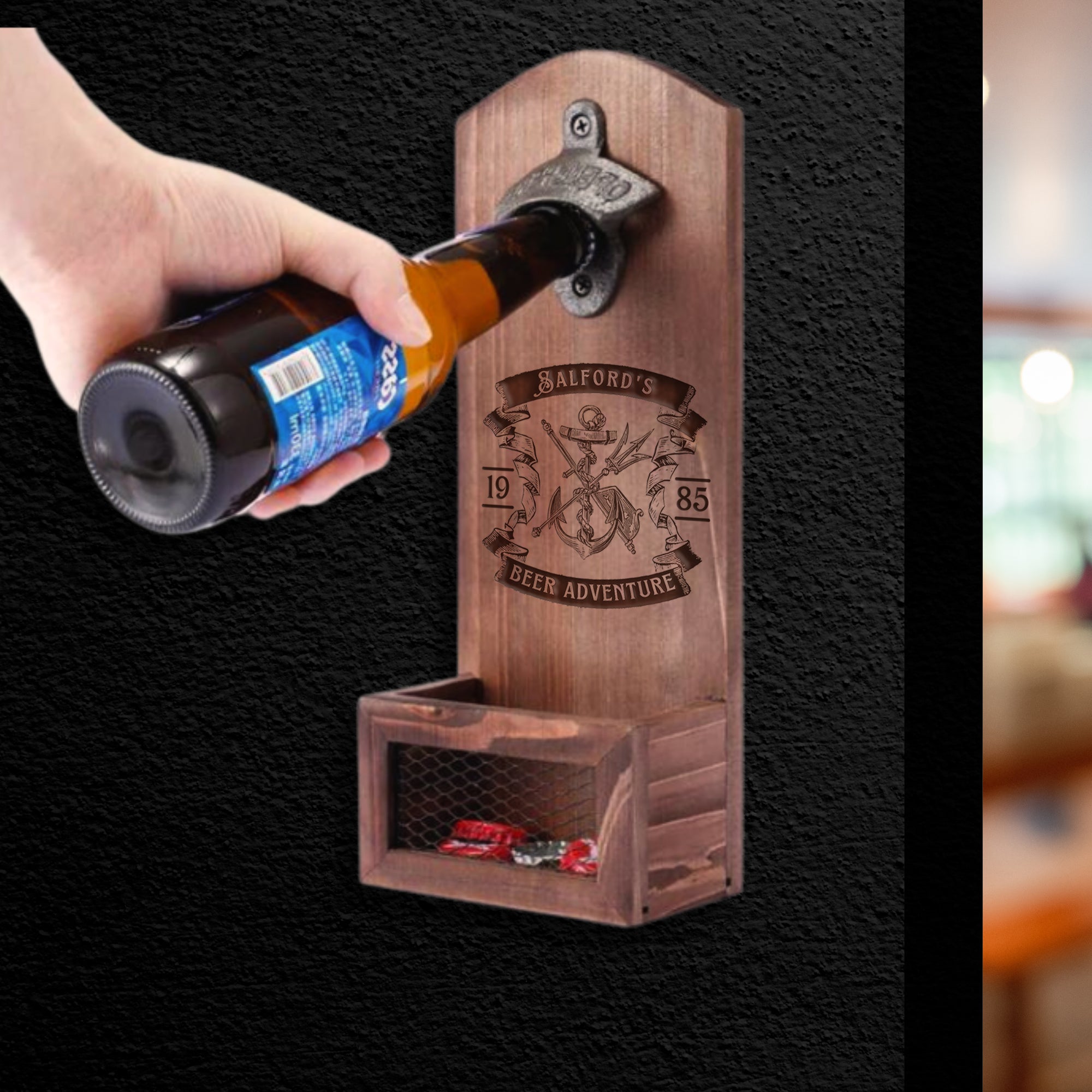 Custom Engraved Wooden Beer Bottle Opener &amp; Cap Catcher/ Collector, Personalised Name Logo, Father&#39;s Day, Christmas, Groomsmen Gift for Him