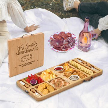 Personalised Bamboo Carry Cheese Board & Knife Set, Engraved Collapsible Travel Serve Tray, Folding Portable Picnic Charcuterie Platter Gift