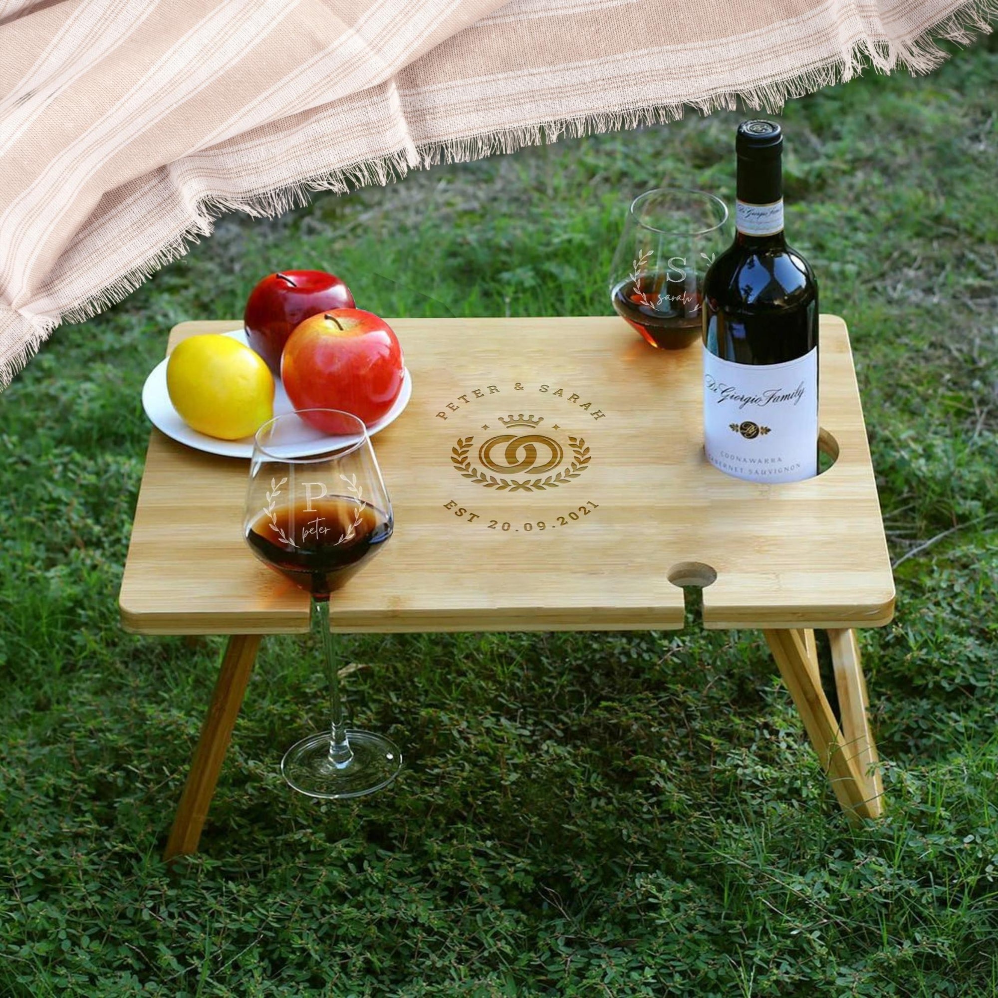 Personalised Portable Foldable Bamboo Travel 4 People Picnic Table & Crystal Wine Glasses, Custom Wedding, Anniversary, Housewarming Gift