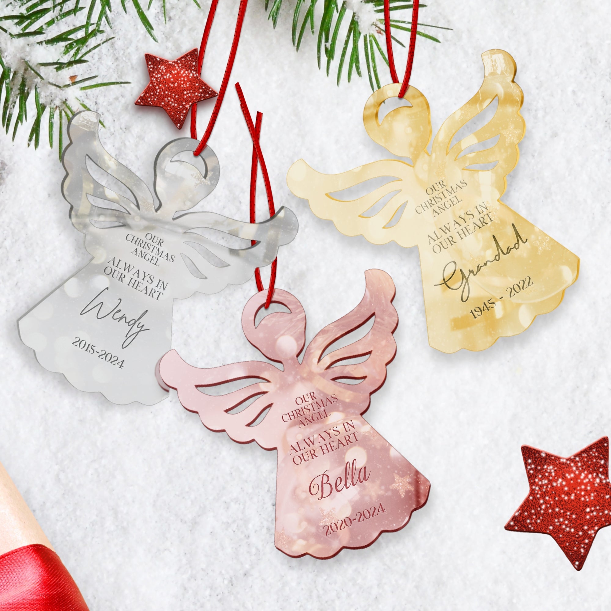 Personalised Angel Christmas Tree Ornament, Heaven Memorial Mirror Acrylic Engraved Custom Name Forever In Our Heart, In Loving Xmas Baubles