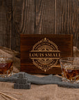 Custom Engraved Whiskey Wooden Box - 2 Square Cut Scotch Glasses & 6 Rock Ice Stones, Personalised Barware Set Graduate Anniversary Dad Gift