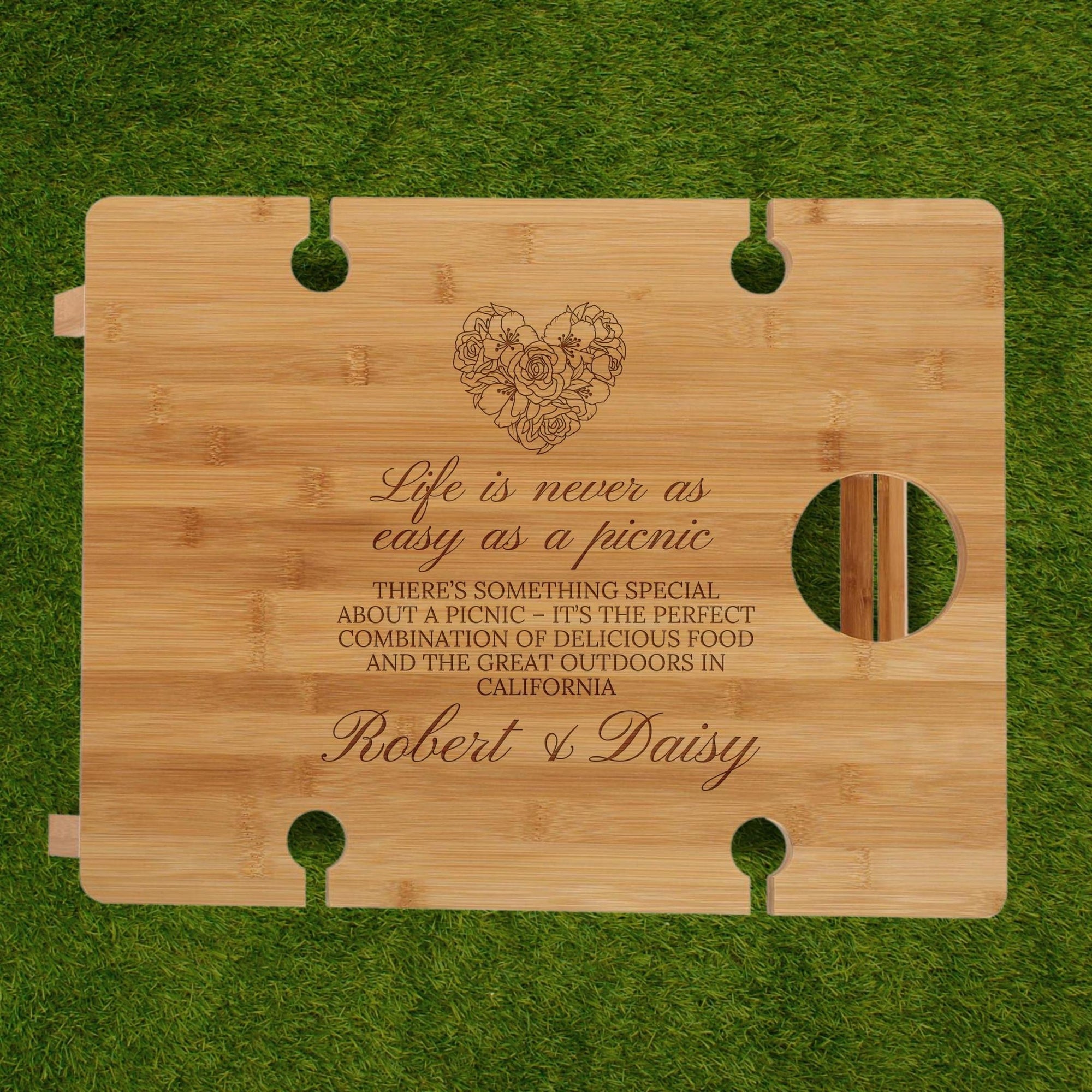 Personalised Portable Foldable Bamboo Travel 4 People Picnic Table &amp; Wine Glasses, Custom Corporate, Wedding, Anniversary, Housewarming Gift