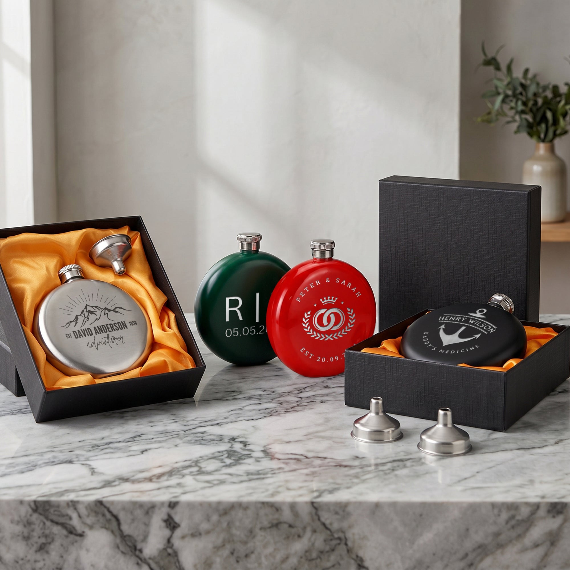 Personalised 5oz Round Hip Flask Gift Box Set for Men