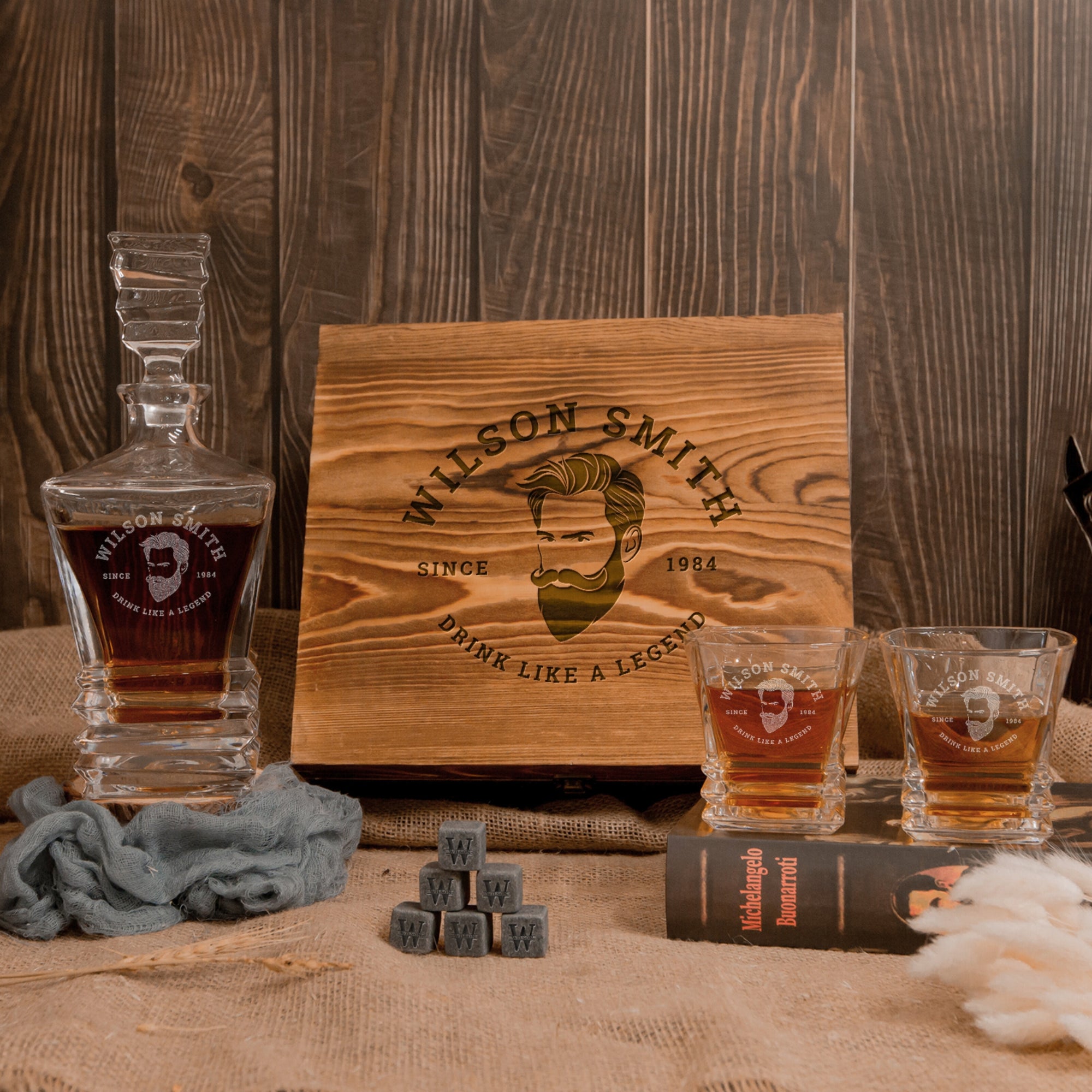 Engraved Whiskey Wooden Box - Prism Decanter, 2 Scotch Glasses &amp; 6 Ice Stones, Personalised Barware Set Groomsman Housewarming Dad Xmas Gift