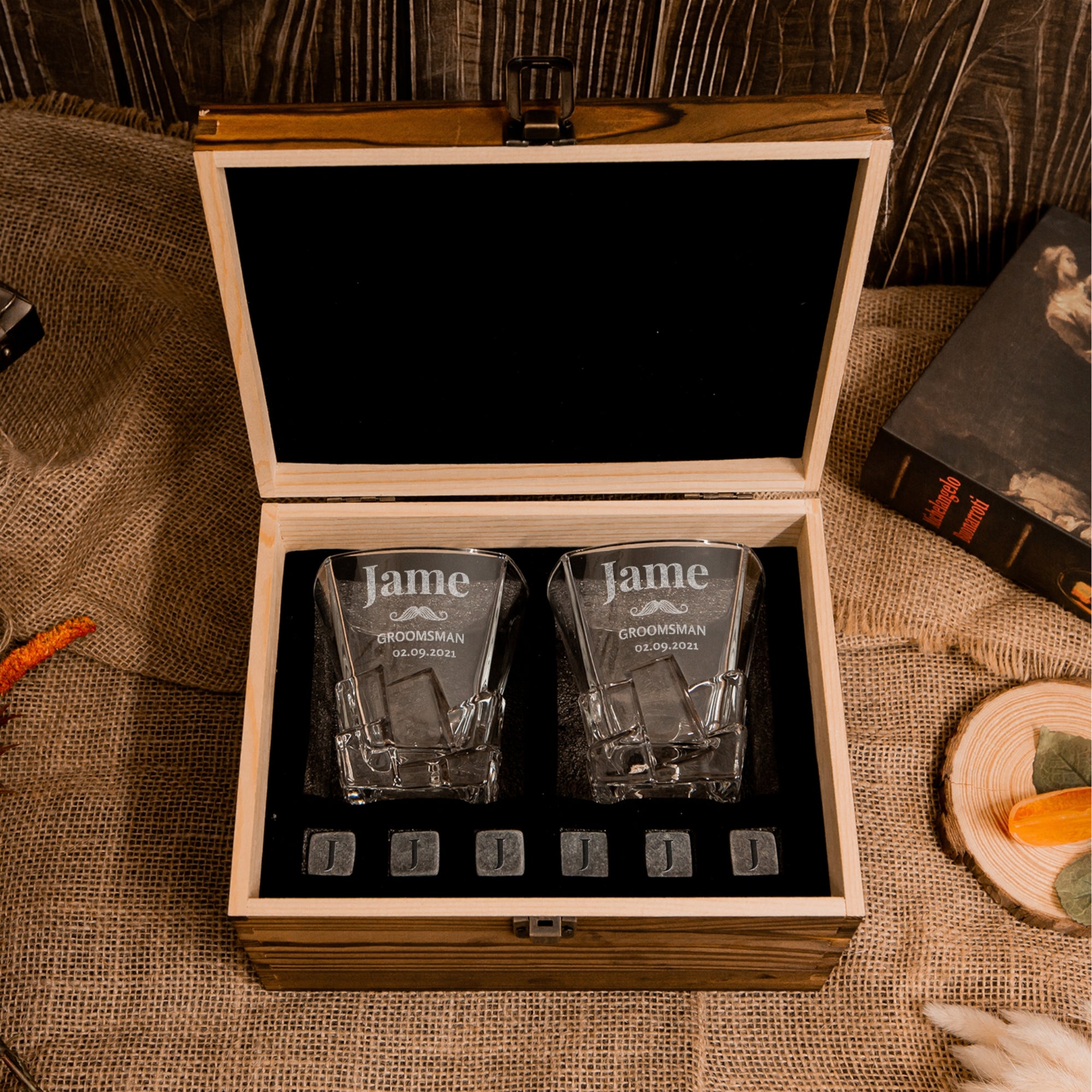 Custom Engraved Whiskey Wooden Box - 2 Square Cut Scotch Glasses &amp; 6 Rock Ice Stones, Personalised Barware Set Graduate Anniversary Dad Gift