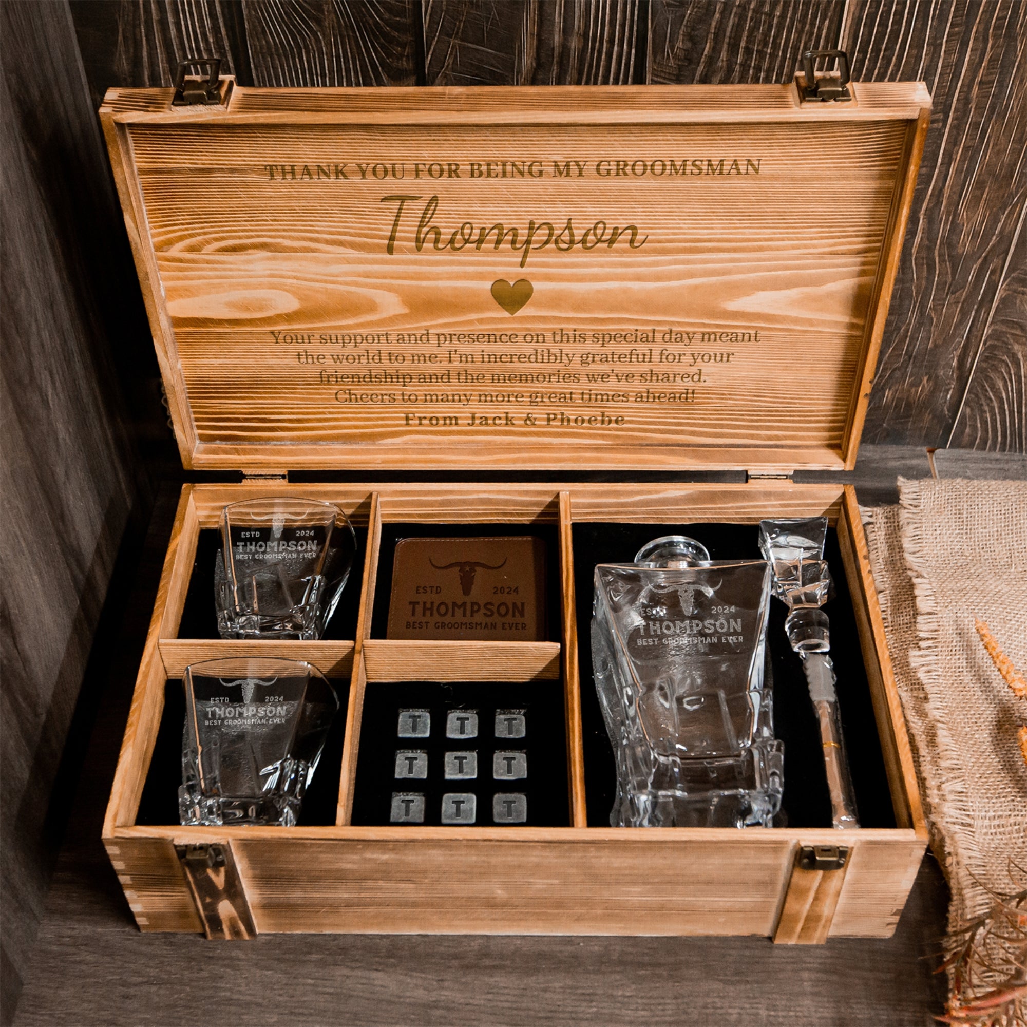 Personalised Army Wood Crate Whiskey Box, Whisky Decanter, 2 Glasses, 6 Ice Stones, 2 Coasters, Tongs, Etched Barware Groomsman Dad Gift Set