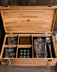 Personalised Army Wood Crate Whiskey Box, Whisky Decanter, 2 Glasses, 6 Ice Stones, 2 Coasters, Tongs, Etched Barware Groomsman Dad Gift Set