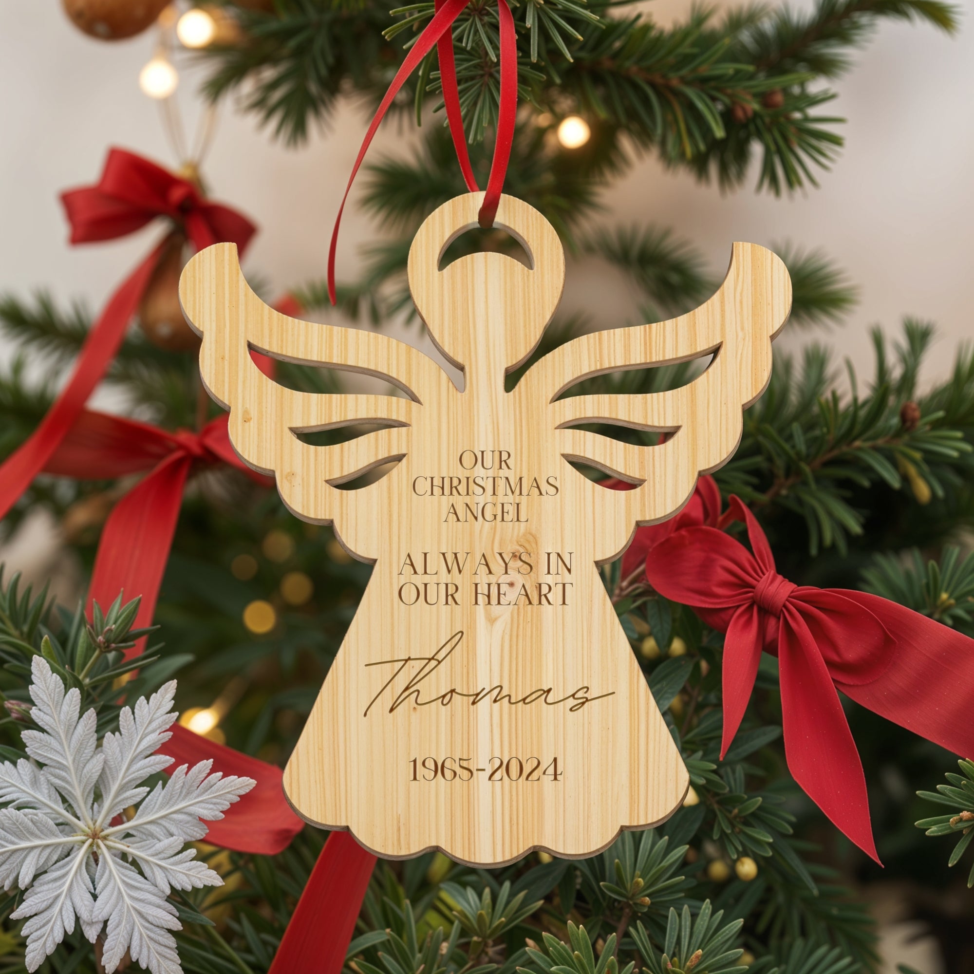 Personalised Angel Christmas Tree Ornament, Heaven Memorial Mirror Acrylic Engraved Custom Name Forever In Our Heart, In Loving Xmas Baubles