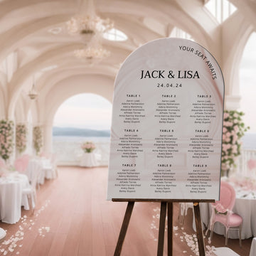 Personalised Wedding Seating Chart Arch Sign, Custom UV Print Guest Plan, Engagement, Anniversary Find Table Your Seat Awaits Mirror Signage