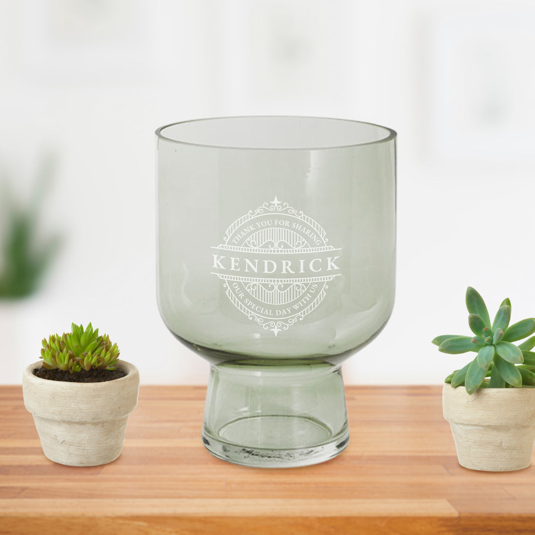 Personalised Large Compote Green Glass Vase, Custom Engraved Memorial Wedding Gift for Bridesmaid, Mother of Bride/ Groom, Housewarming, Anniversary