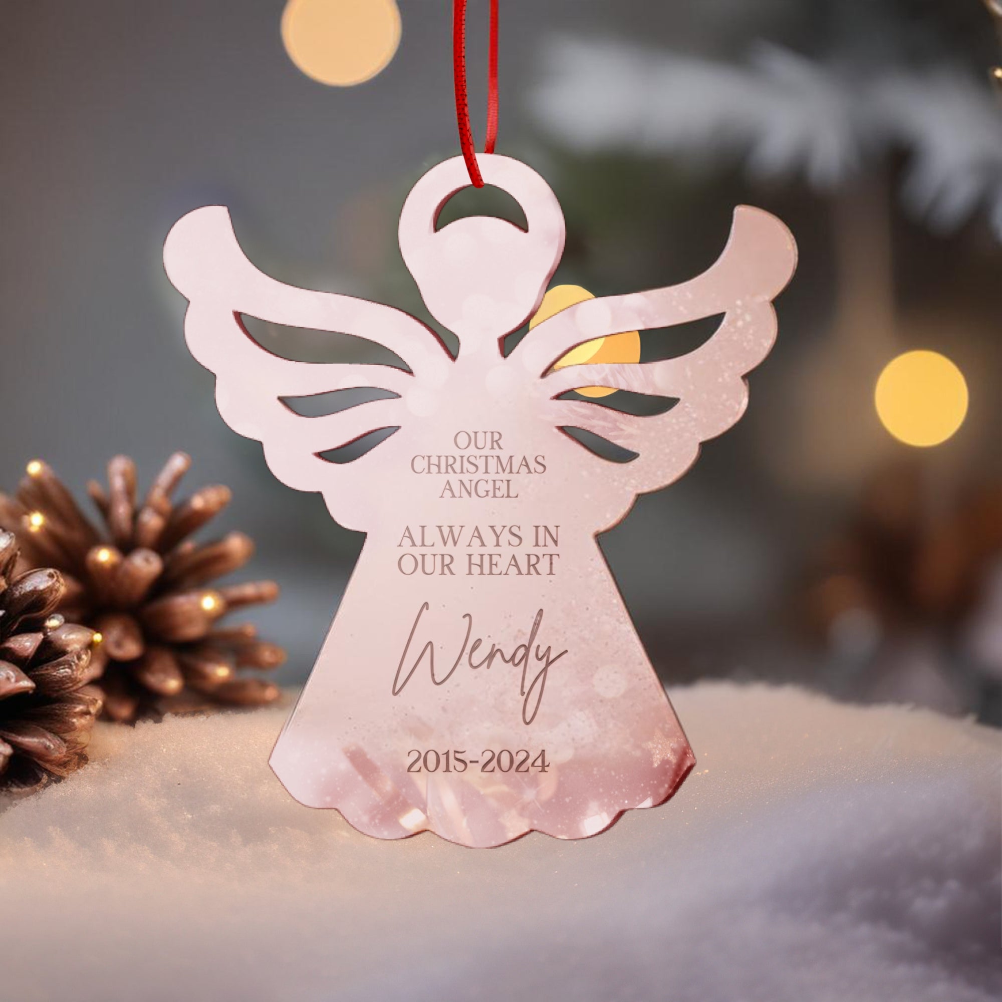 Personalised Angel Christmas Tree Ornament, Heaven Memorial Mirror Acrylic Engraved Custom Name Forever In Our Heart, In Loving Xmas Baubles