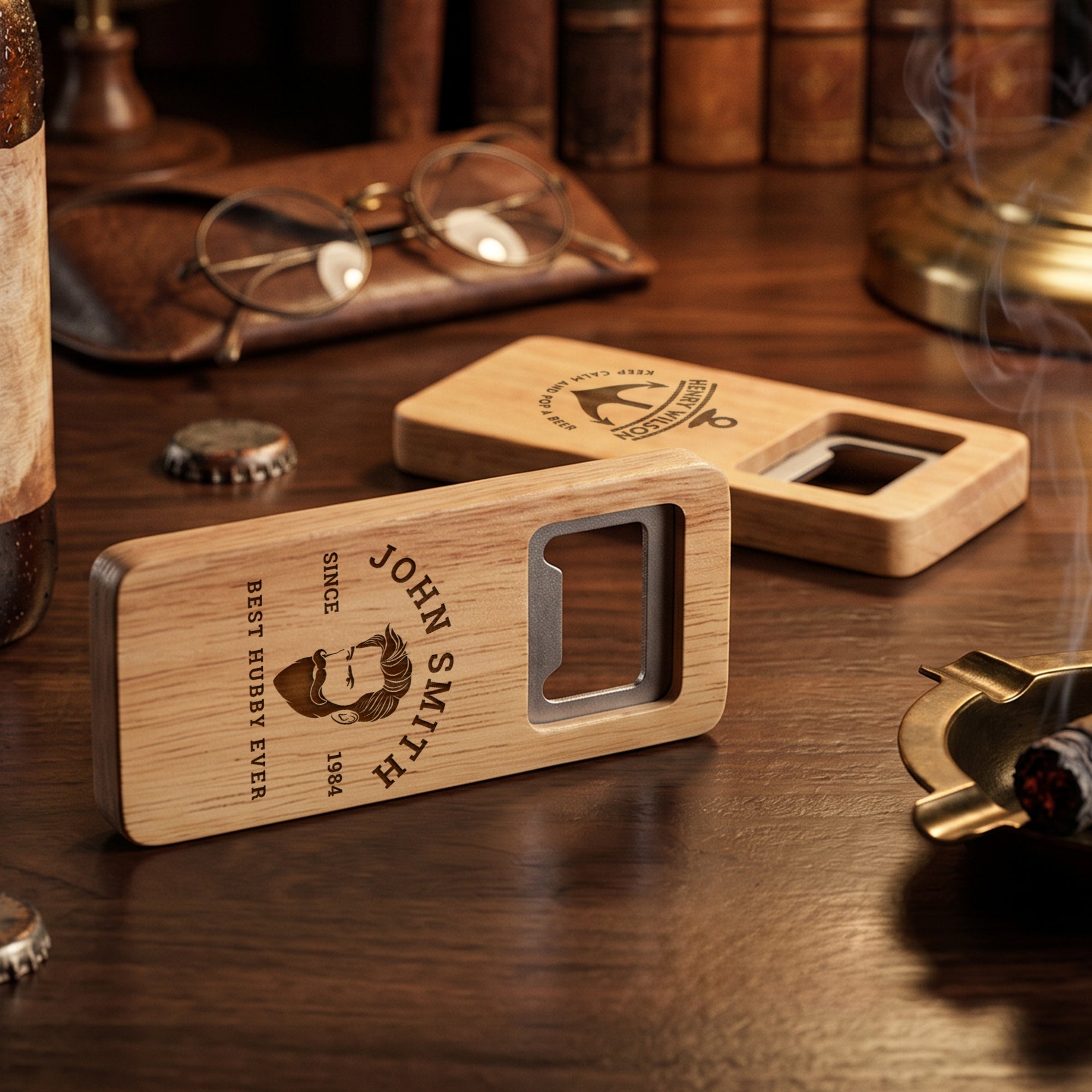 Personalised Square Wooden Bottle Opener, Custom Engraved Beer Popper, Dad Groomsmen Proposal Wedding Favours, Christmas Logo Corporate Gift