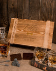 Personalised Army Wood Crate Whiskey Box, Whisky Decanter, 2 Glasses, 6 Ice Stones, 2 Coasters, Tongs, Etched Barware Groomsman Dad Gift Set