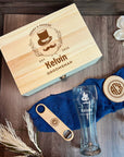 Personalised Slice Coaster, Bottle Opener, Beer Glass Set in Custom Engraved Wooden Box, Best Man, Father, Groomsman Proposal Wedding Gift