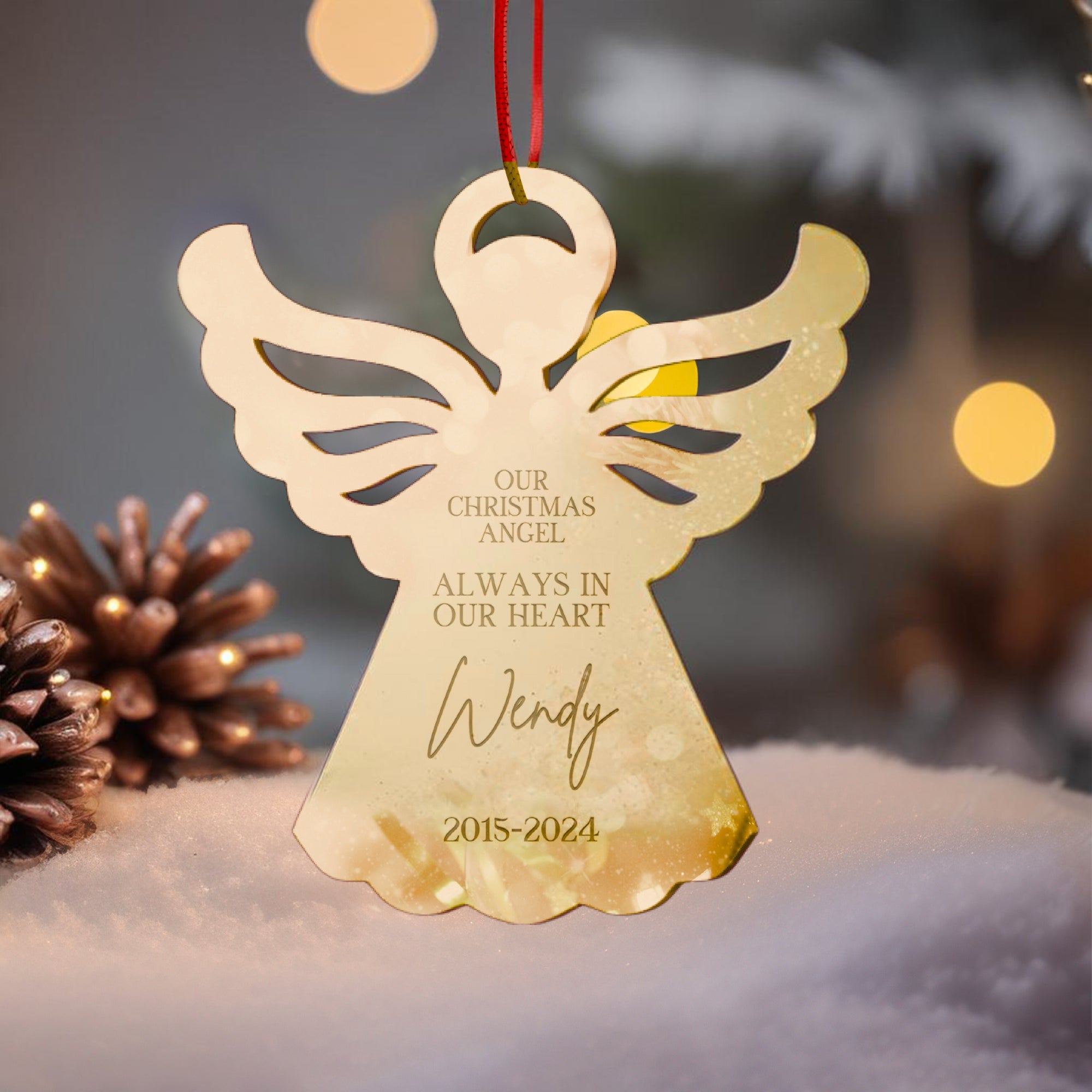 Personalised Angel Christmas Tree Ornament, Heaven Memorial Mirror Acrylic Engraved Custom Name Forever In Our Heart, In Loving Xmas Baubles