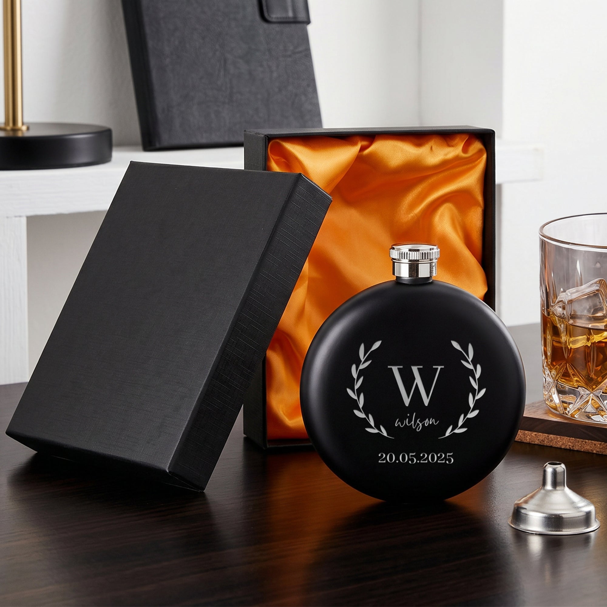 Personalised 5oz Round Hip Flask Gift Box Set for Men