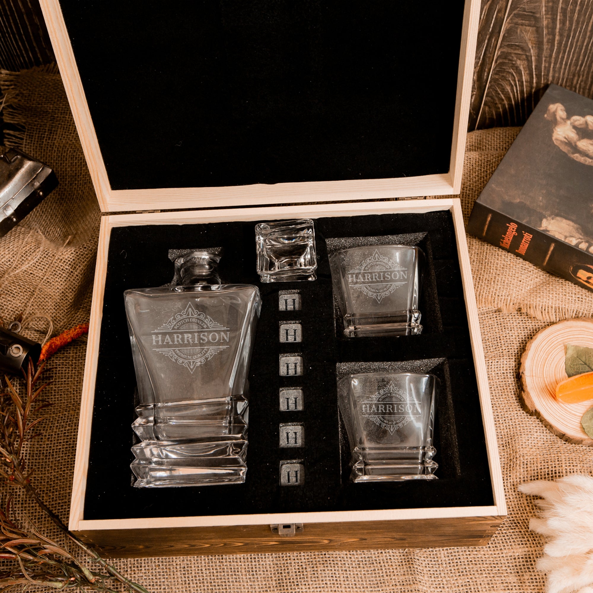 Engraved Whiskey Wooden Box - Prism Decanter, 2 Scotch Glasses &amp; 6 Ice Stones, Personalised Barware Set Groomsman Housewarming Dad Xmas Gift