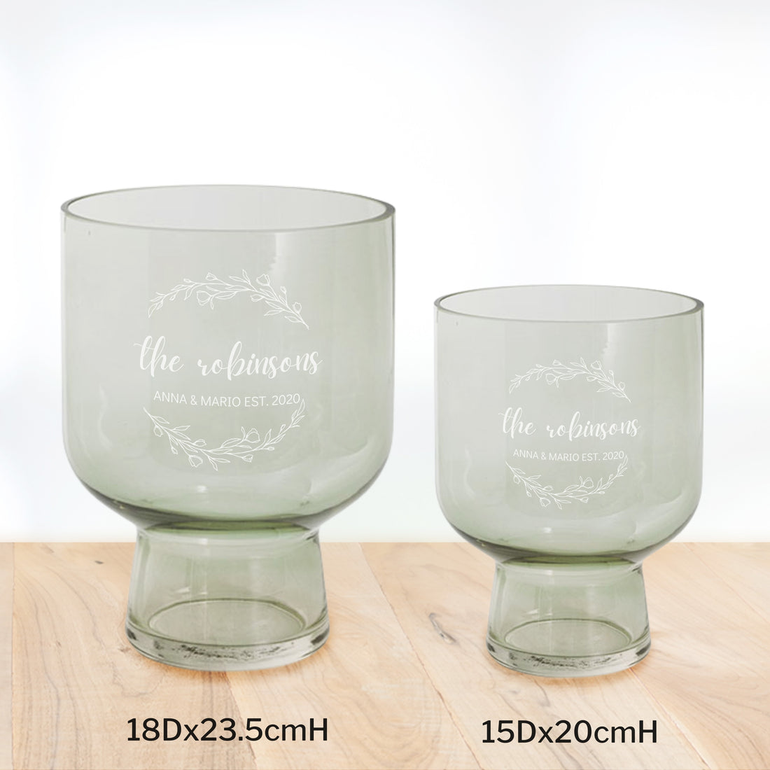 Personalised Large Green Glass Flower Vase, Custom Logo Engraved Memorial, Wedding, Bridesmaid Bride's Mother, Housewarming Anniversary Gift