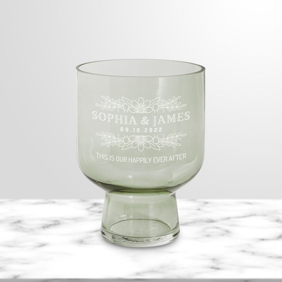 Personalised Large Compote Green Glass Vase, Custom Engraved Memorial Wedding Gift for Bridesmaid, Mother of Bride/ Groom, Housewarming, Anniversary