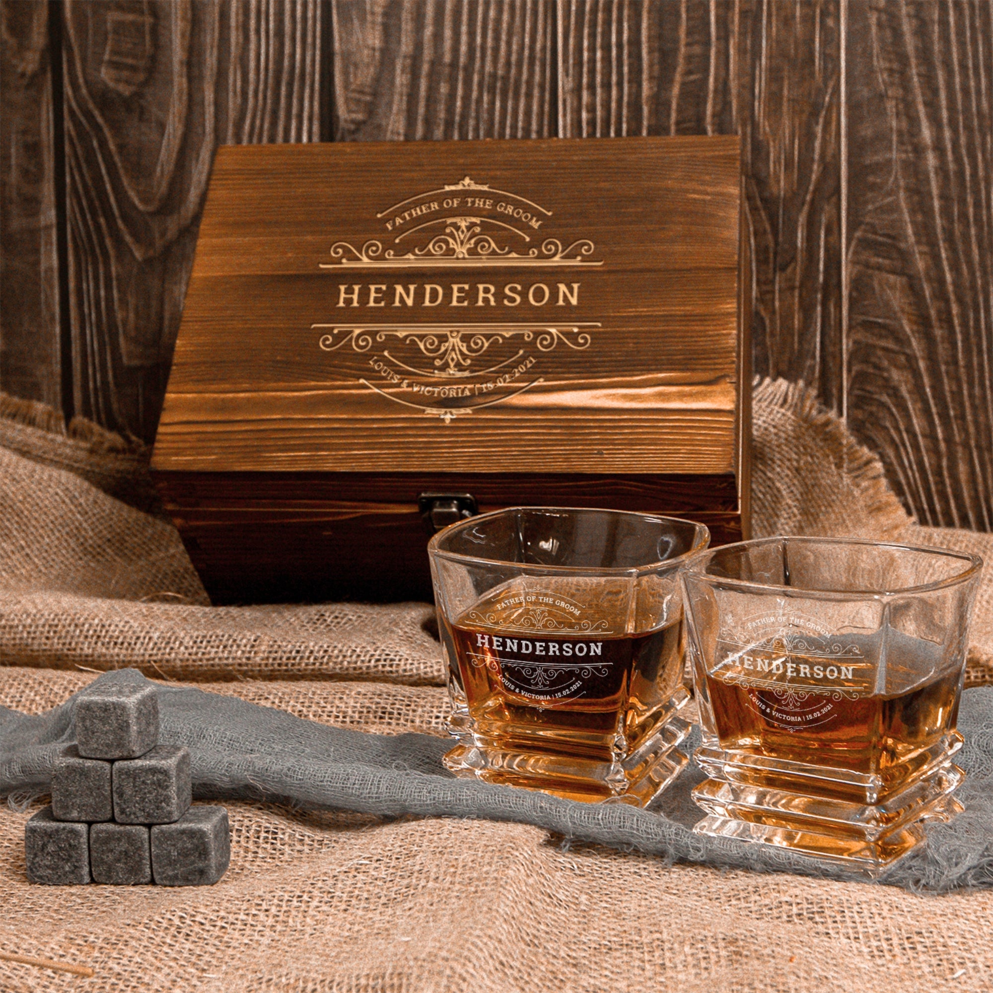 Custom Engraved Whiskey Wooden Box - 2 Prism Scotch Glasses & 6 Rock Ice Stones, Personalised Logo Barware Set Retirement Groomsman Dad Gift