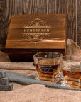 Custom Engraved Whiskey Wooden Box - 2 Prism Scotch Glasses & 6 Rock Ice Stones, Personalised Logo Barware Set Retirement Groomsman Dad Gift